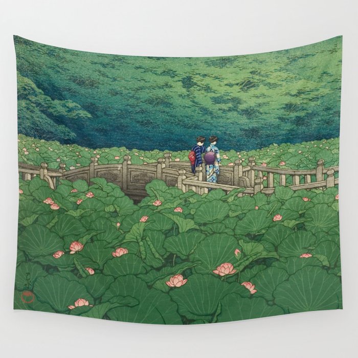 Lotus Pond At Benten Shrine, Shiba By Kawase Hasui - Vintage Japanese Woodblock Print Art Wall Tapestry