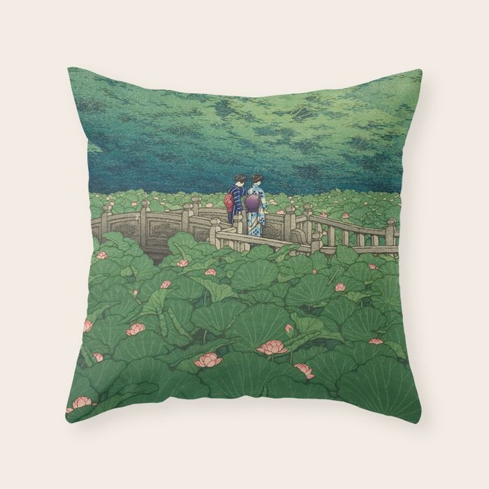 Lotus Pond At Benten Shrine, Shiba By Kawase Hasui - Vintage Japanese Woodblock Print Art Throw Pillow Gallery Image 1