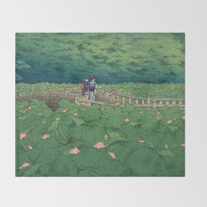 Lotus Pond At Benten Shrine, Shiba By Kawase Hasui - Vintage Japanese Woodblock Print Art Throw Blanket Gallery Image 2