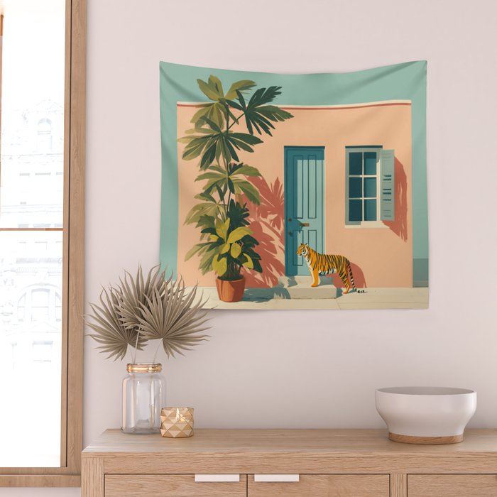 Tiger at Tropical Doorway Wall Tapestry Gallery Image 2