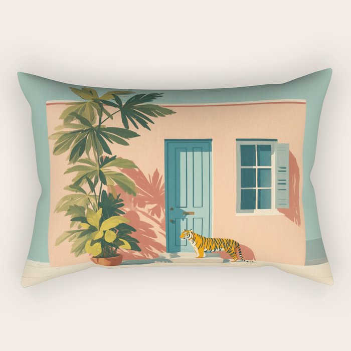Tiger at Tropical Doorway Rectangular Pillow Gallery Image 1
