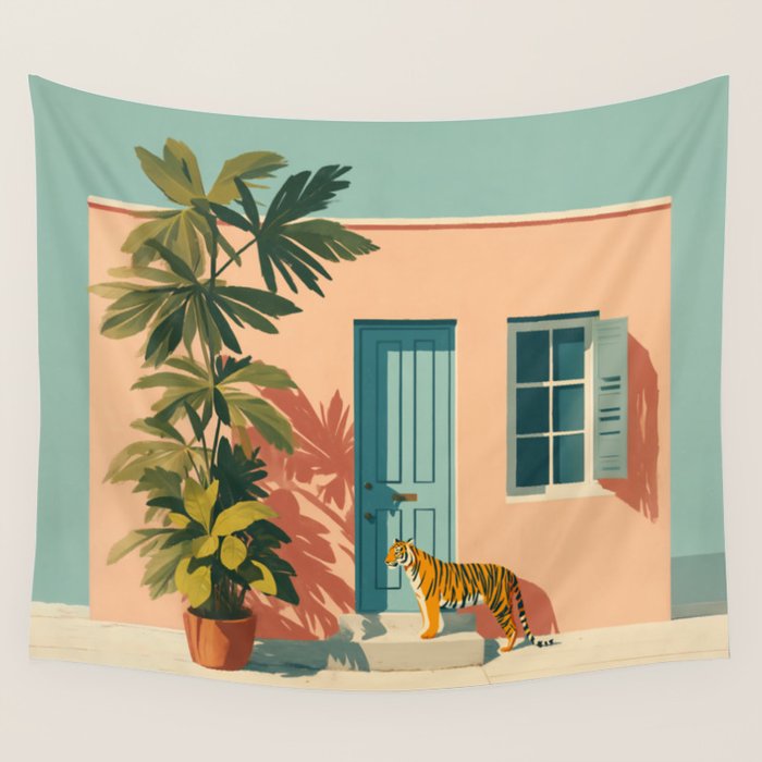 Tiger at Tropical Doorway Wall Tapestry Gallery Image 4