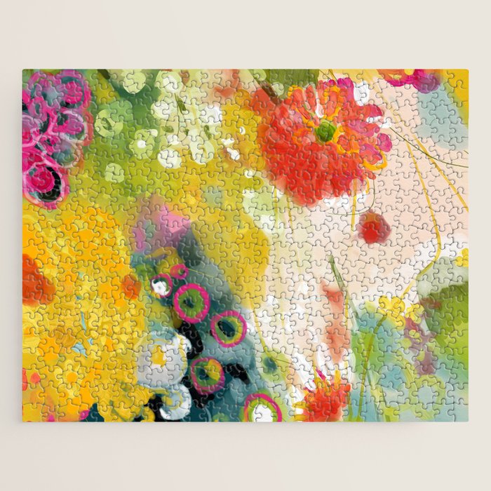 abstract floral art in yellow green and rose magenta colors Jigsaw Puzzle Gallery Image 1