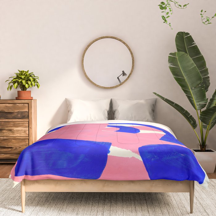Blue Pink Fun Colorful Mid Century Modern Abstract Painting Shapes Pattern Comforter Gallery Image 3
