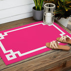 Light Hot Pink and White Greek Key Outdoor Rug Gallery Image 2
