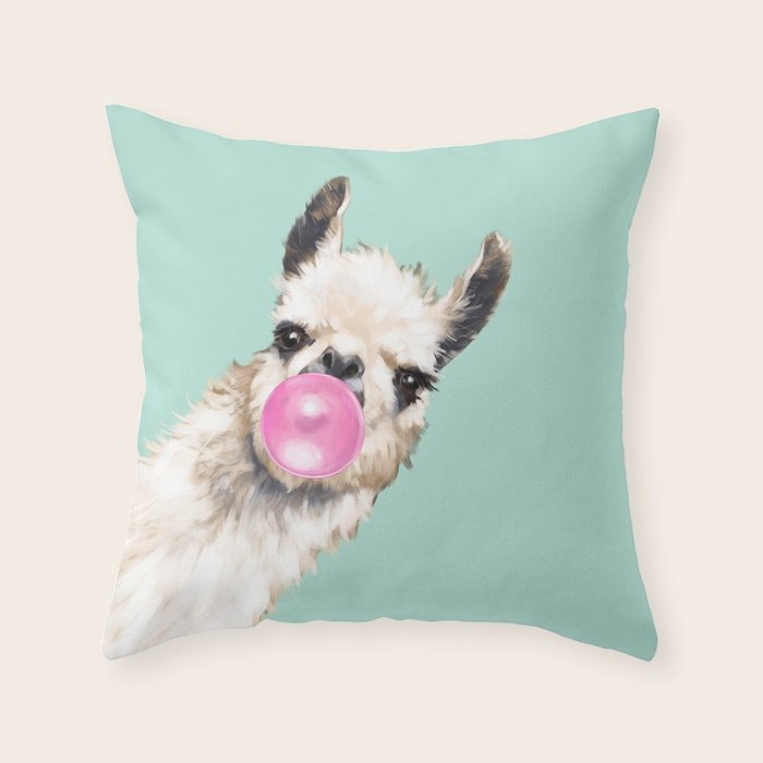 Bubble Gum Sneaky Llama in Green Throw Pillow Gallery Image 6