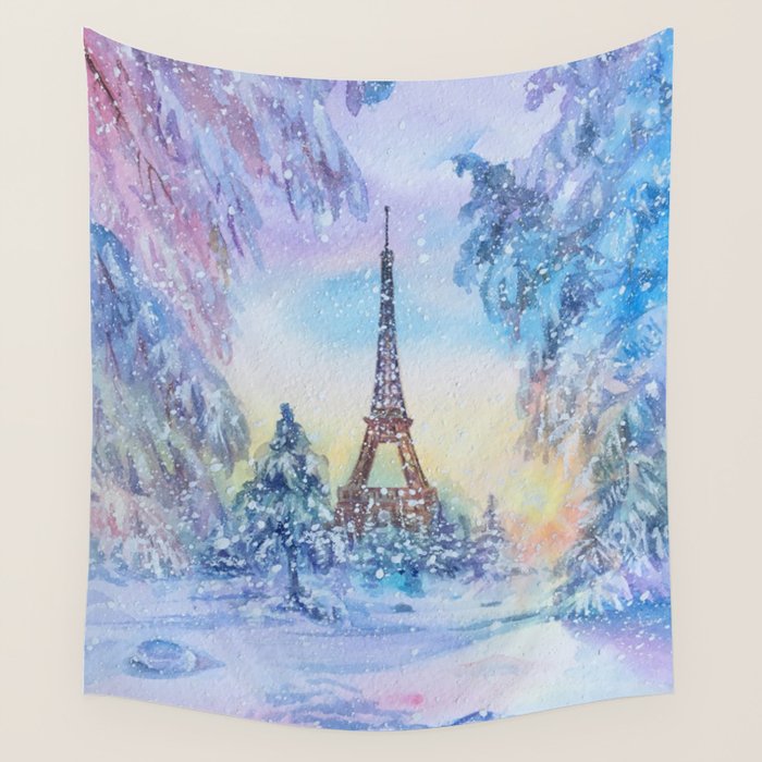 Snowy Parisian Christmas Watercolor Wall Tapestry Gallery Image 1