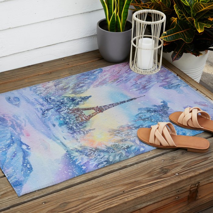 Snowy Parisian Christmas Watercolor Outdoor Rug Gallery Image 2