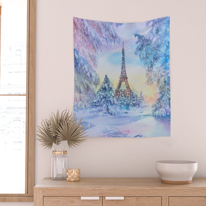 Snowy Parisian Christmas Watercolor Wall Tapestry Gallery Image 2