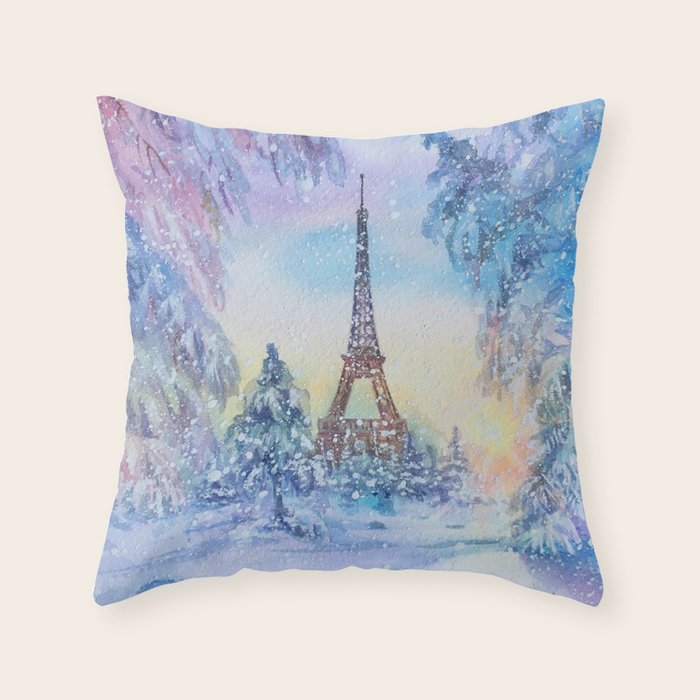 Snowy Parisian Christmas Watercolor Throw Pillow Gallery Image 6