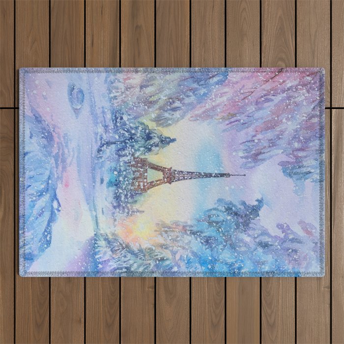 Snowy Parisian Christmas Watercolor Outdoor Rug Gallery Image 1