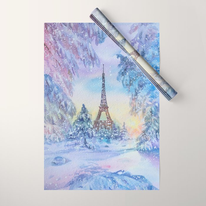 Snowy Parisian Christmas Watercolor Wrapping Paper Gallery Image 1