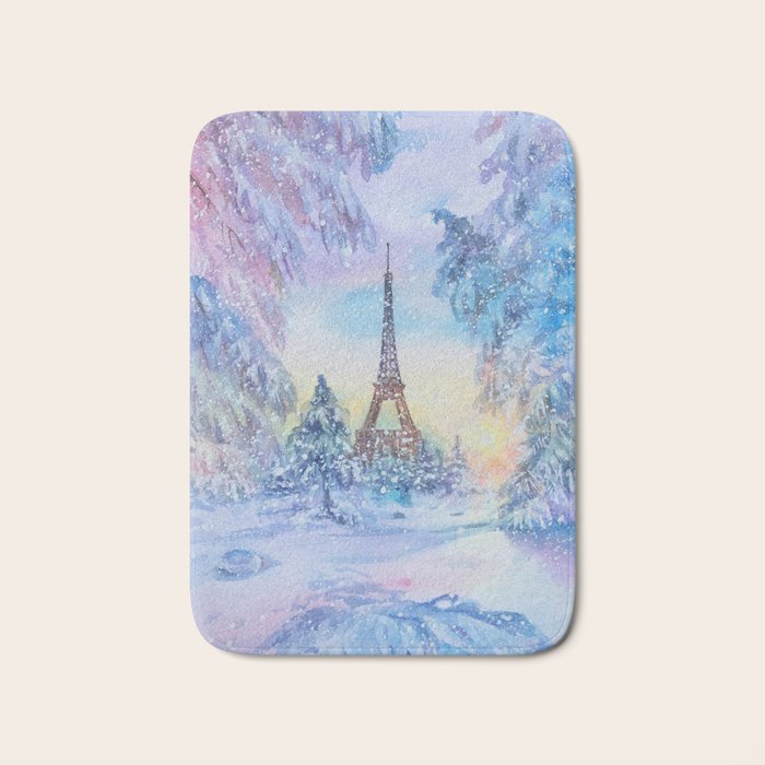 Snowy Parisian Christmas Watercolor Bath Mat Gallery Image 1