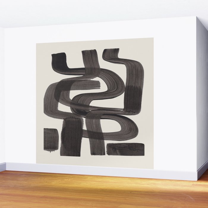 Black Ink Paint Brush Strokes Wiggles Mid Century Modern Wall Mural Gallery Image 2