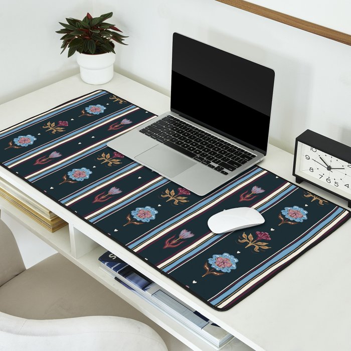 Navy Folk Floral Stripe Desk Mat Gallery Image 2