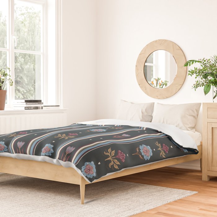 Navy Folk Floral Stripe Duvet Cover Gallery Image 2