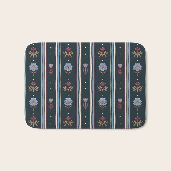 Navy Folk Floral Stripe Bath Mat Gallery Image 1