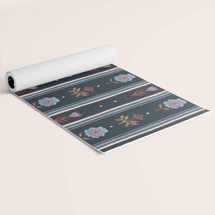 Navy Folk Floral Stripe Yoga Mat Gallery Image 2
