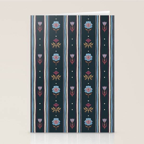 Navy Folk Floral Stripe Stationery Card Gallery Image 1
