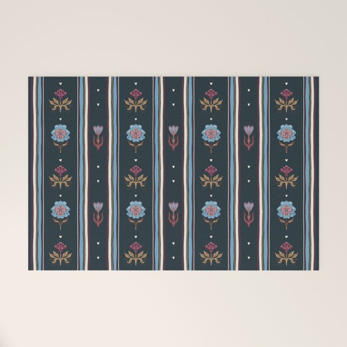 Navy Folk Floral Stripe Welcome Mat Gallery Image 1