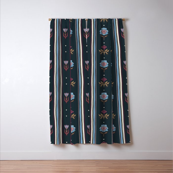 Navy Folk Floral Stripe Window Curtain Gallery Image 3