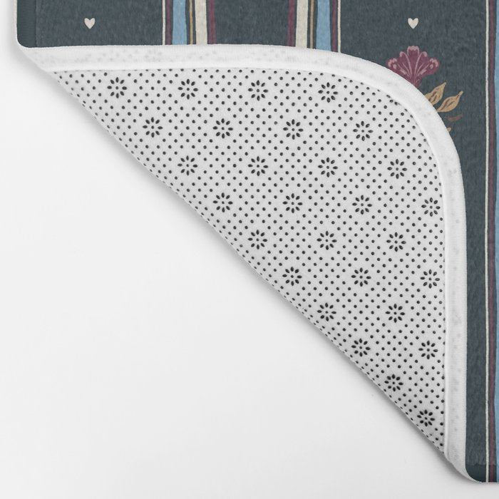 Navy Folk Floral Stripe Bath Mat Gallery Image 2