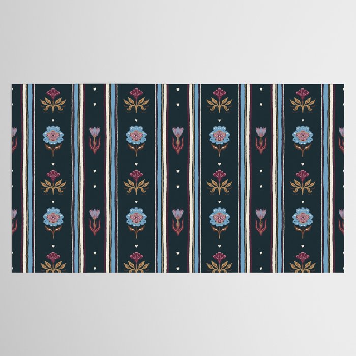 Navy Folk Floral Stripe Tablecloth Gallery Image 2