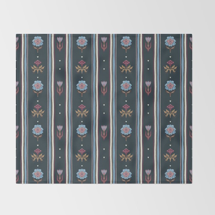 Navy Folk Floral Stripe Throw Blanket Gallery Image 2