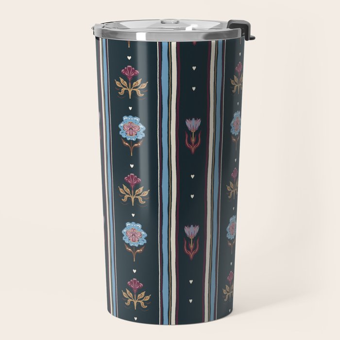 Navy Folk Floral Stripe Travel Mug Gallery Image 2