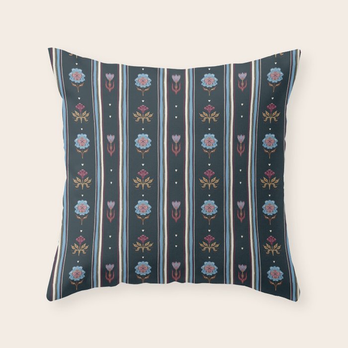 Navy Folk Floral Stripe Throw Pillow Gallery Image 1