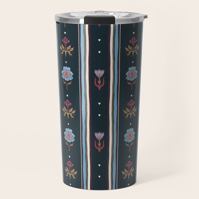 Navy Folk Floral Stripe Travel Mug Gallery Image 1