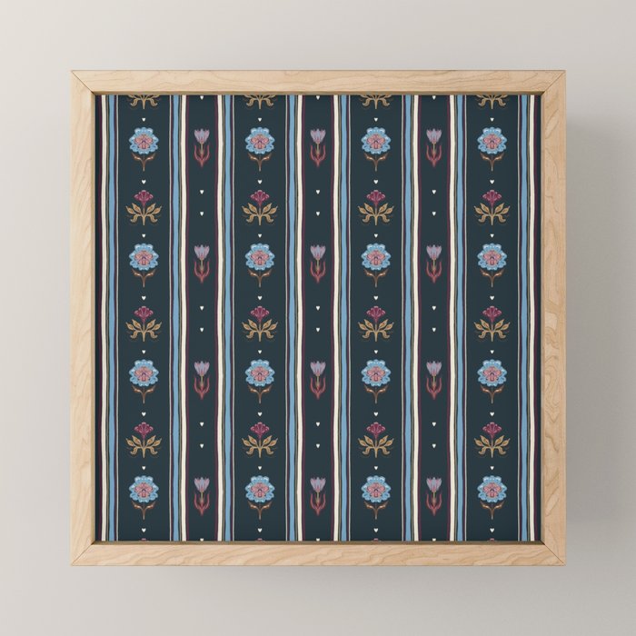 Navy Folk Floral Stripe Mini Art Print Gallery Image 1