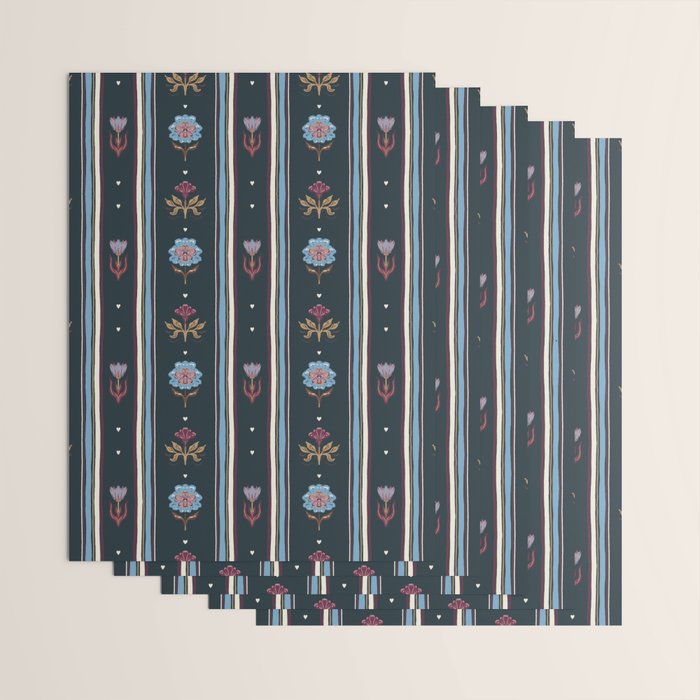 Navy Folk Floral Stripe Wrapping Paper Gallery Image 3
