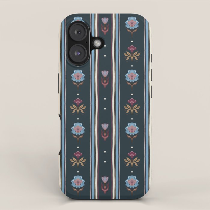 Navy Folk Floral Stripe iPhone Case Gallery Image 1