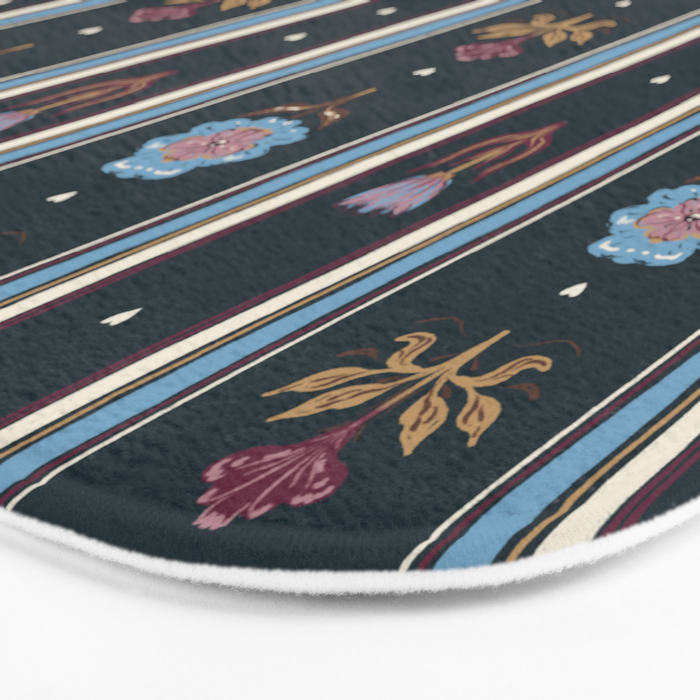 Navy Folk Floral Stripe Bath Mat Gallery Image 3