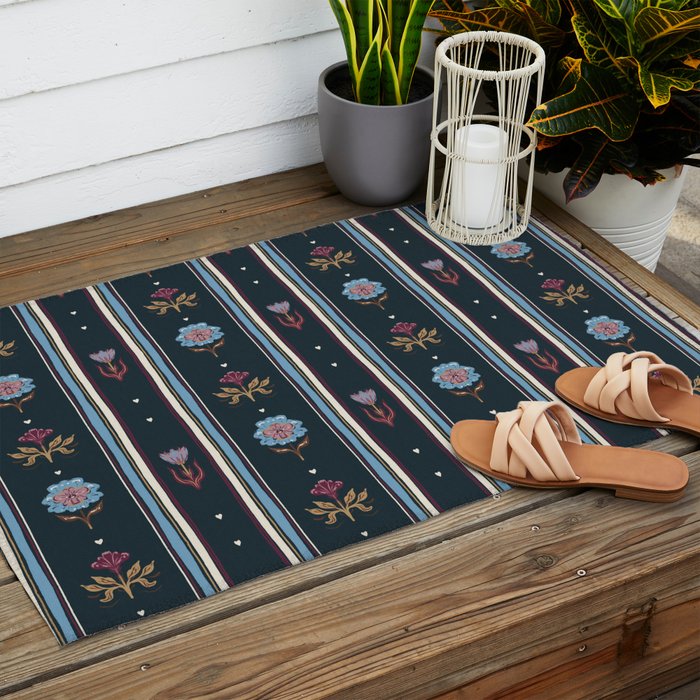 Navy Folk Floral Stripe Outdoor Rug Gallery Image 2