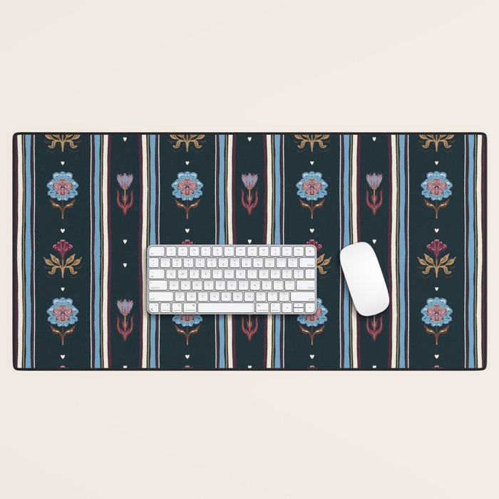 Navy Folk Floral Stripe Desk Mat Gallery Image 1