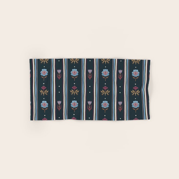 Navy Folk Floral Stripe Bath Towel Gallery Image 1
