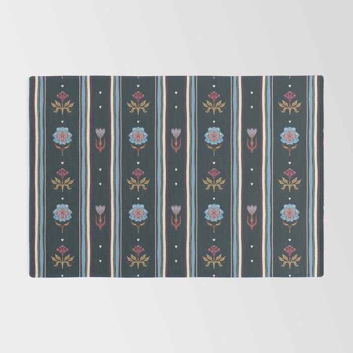 Navy Folk Floral Stripe Rug Gallery Image 2