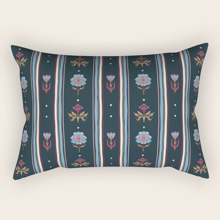 Navy Folk Floral Stripe Rectangular Pillow Gallery Image 1