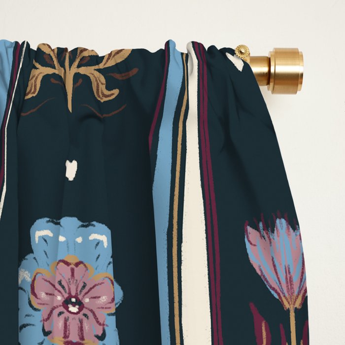 Navy Folk Floral Stripe Window Curtain Gallery Image 2