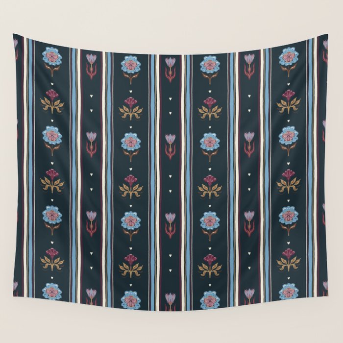 Navy Folk Floral Stripe Wall Tapestry Gallery Image 4