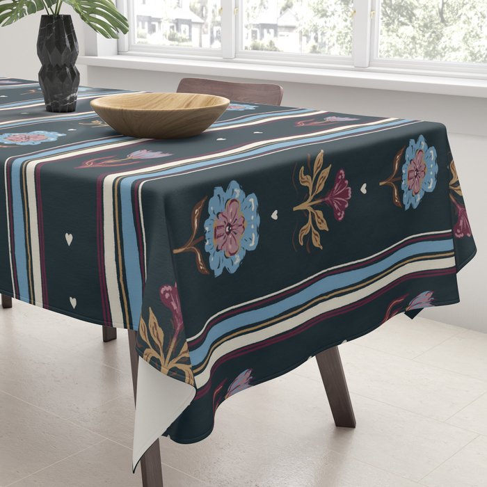 Navy Folk Floral Stripe Tablecloth Gallery Image 3