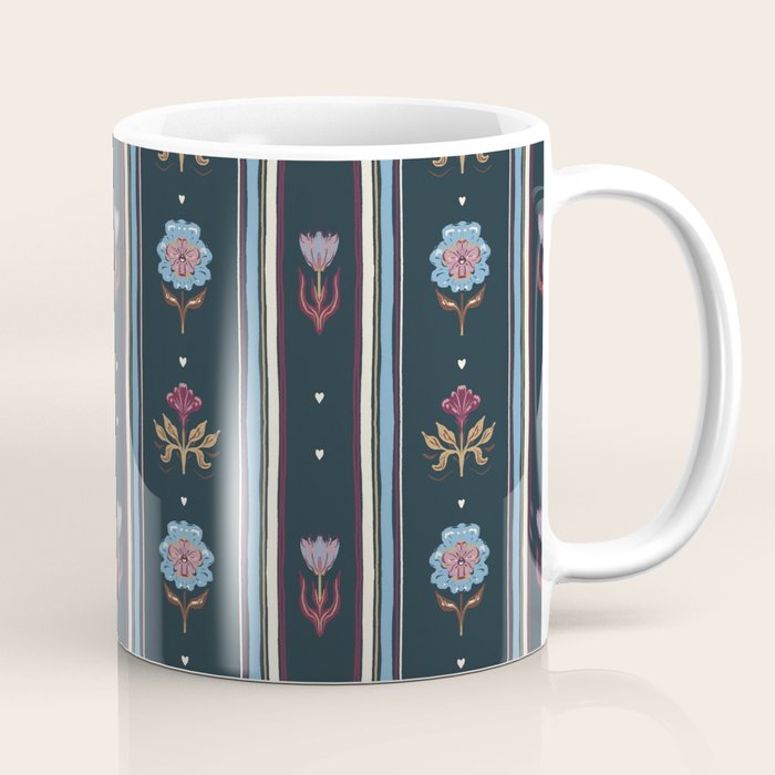 Navy Folk Floral Stripe Coffee Mug Gallery Image 1