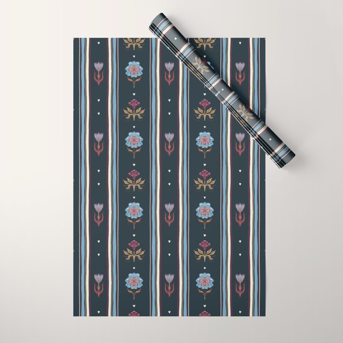 Navy Folk Floral Stripe Wrapping Paper Gallery Image 1