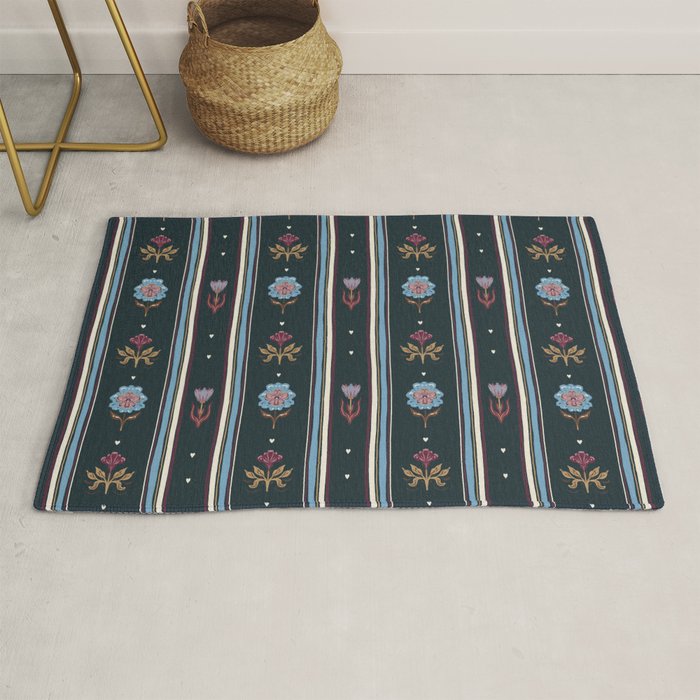 Navy Folk Floral Stripe Rug Gallery Image 1