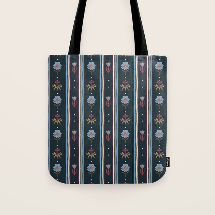 Navy Folk Floral Stripe Tote Bag Gallery Image 1