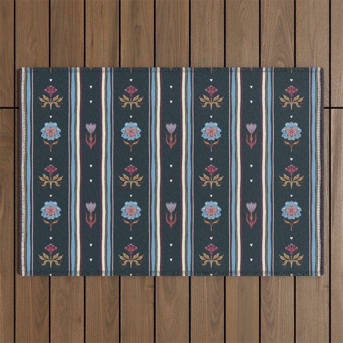 Navy Folk Floral Stripe Outdoor Rug Gallery Image 1