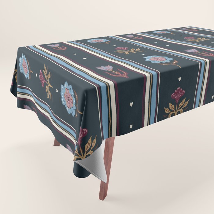 Navy Folk Floral Stripe Tablecloth Gallery Image 1