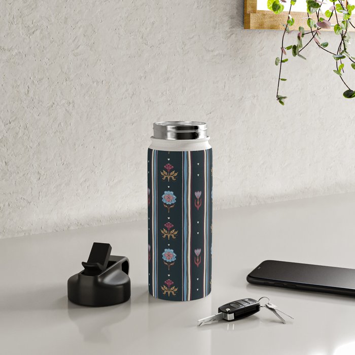 Navy Folk Floral Stripe Water Bottle Gallery Image 4